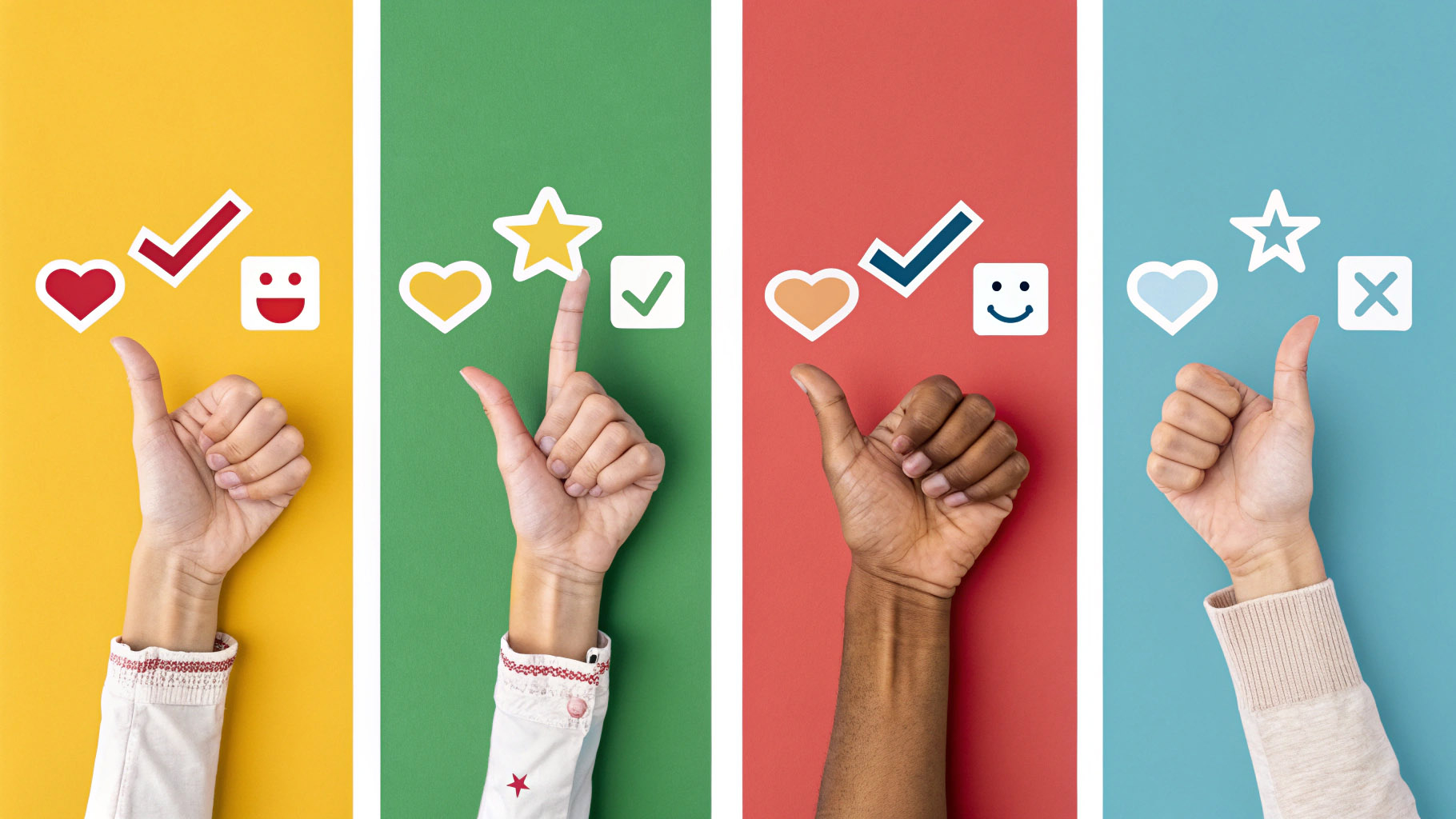 Free Diverse Hands Making Positive Gestures with Feedback Icons on Colorful Background