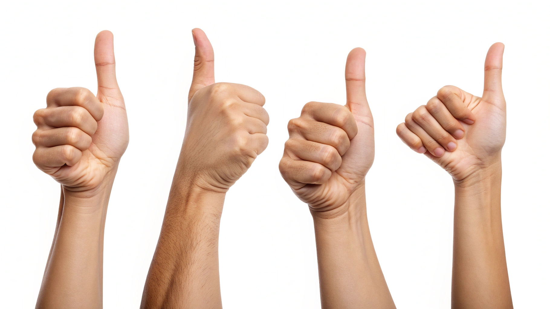 Multiple Diverse Hands Giving Thumbs Up Gesture Isolated on White Background